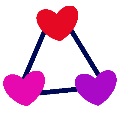 an image of 3 hearts in a triangle shape being linked together by dark blue lines. the top heart is red, left is pink and right is purple.